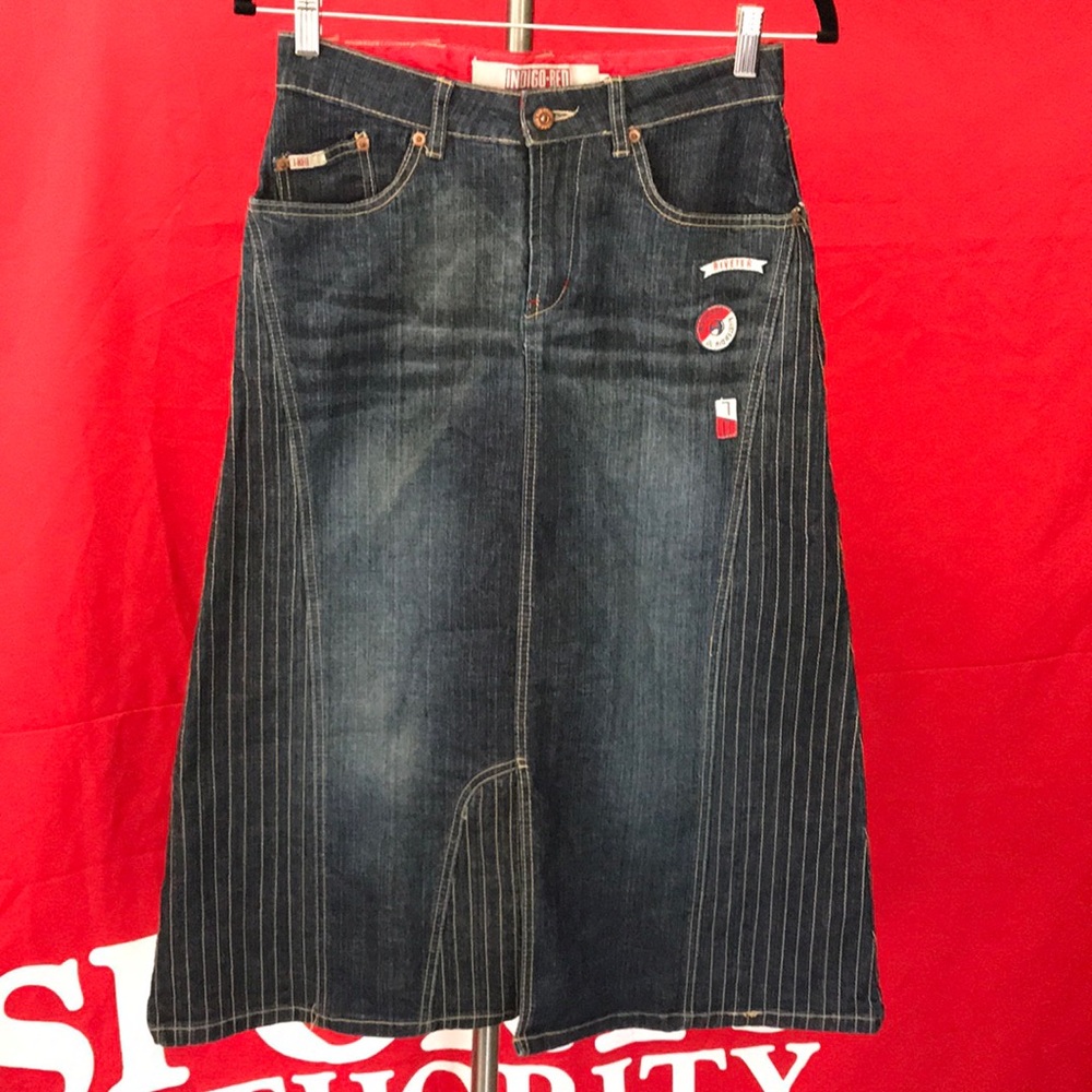 70-s Indigo-Red Lux Denim maxi jean skirt sz8